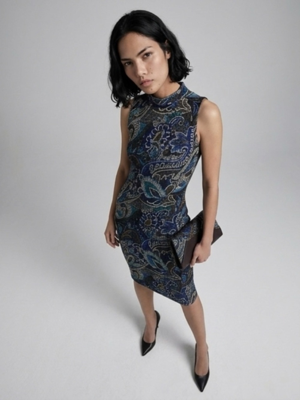 Sleeveless Paisley Midi Dress in Blue and Black